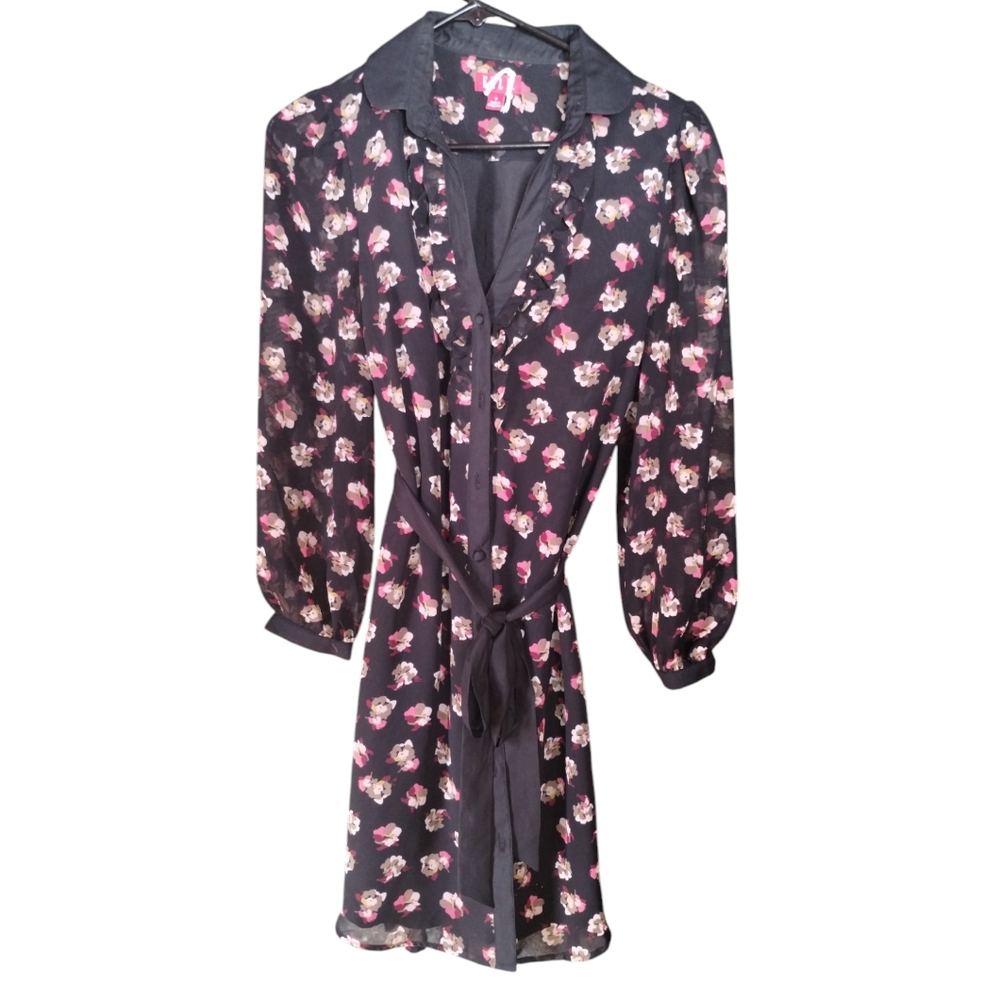 Elle Floral Black and Pink Women's Dress, button front, sheer Long sleeves